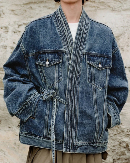 Kimono Oversized Washed Denim Jacket with Deep V Neck and Front Tie Waist