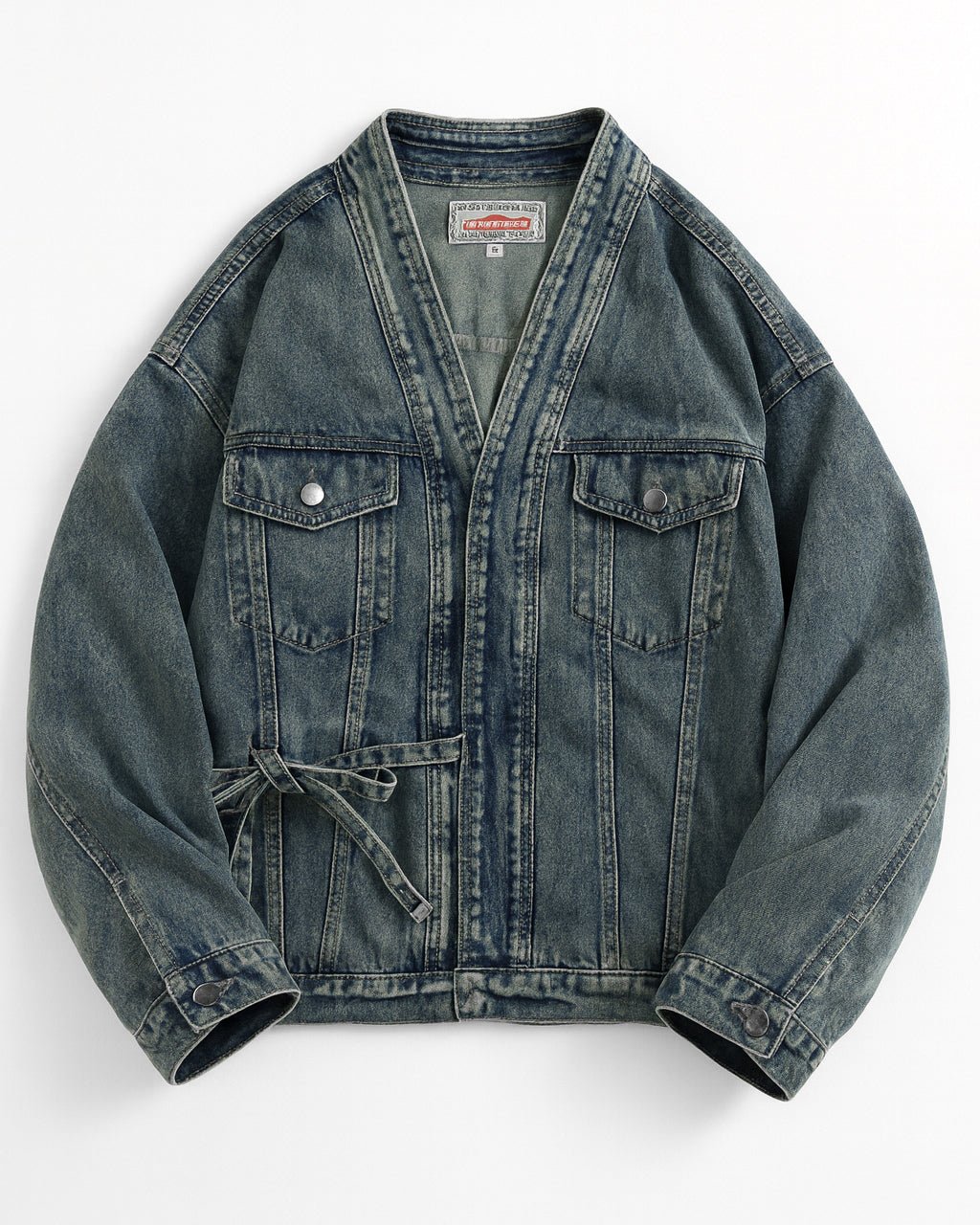 Kimono Oversized Washed Denim Jacket with Deep V Neck and Front Tie Waist