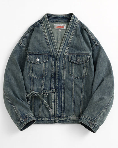 Kimono Oversized Washed Denim Jacket with Deep V Neck and Front Tie Waist