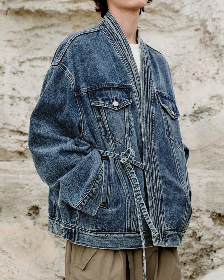 Kimono Oversized Washed Denim Jacket with Deep V Neck and Front Tie Waist