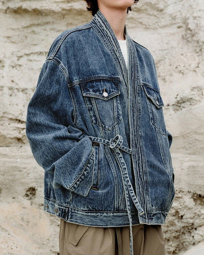 Kimono Oversized Washed Denim Jacket with Deep V Neck and Front Tie Waist