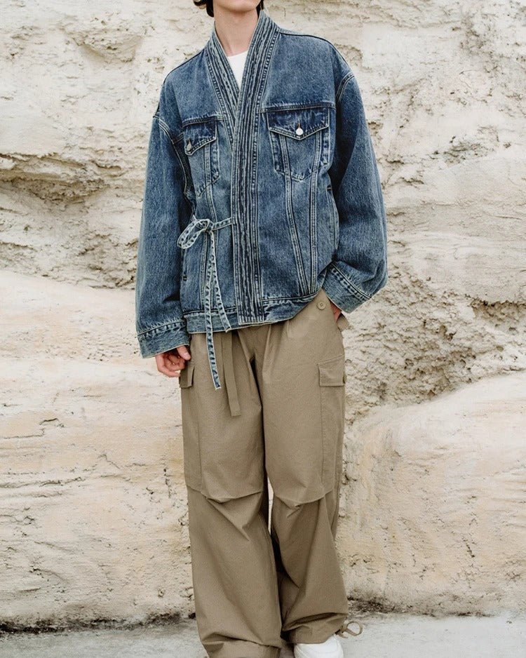 Kimono Oversized Washed Denim Jacket with Deep V Neck and Front Tie Waist