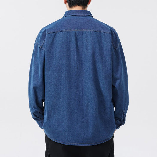 Larson Oversized Long Sleeve Denim Shirt with Spread Collar and Dual Chest Patch Pockets