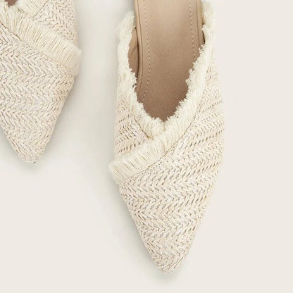 Lisa Textured Raffia Pointed Toe Flat Mules featuring Fringe Edge Trim and Slip On Fit