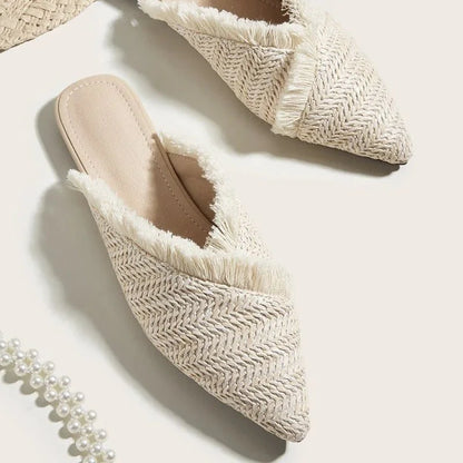 Lisa Textured Raffia Pointed Toe Flat Mules featuring Fringe Edge Trim and Slip On Fit