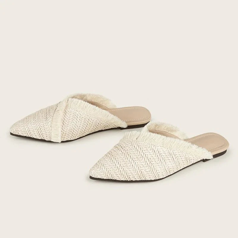 Lisa Textured Raffia Pointed Toe Flat Mules featuring Fringe Edge Trim and Slip On Fit