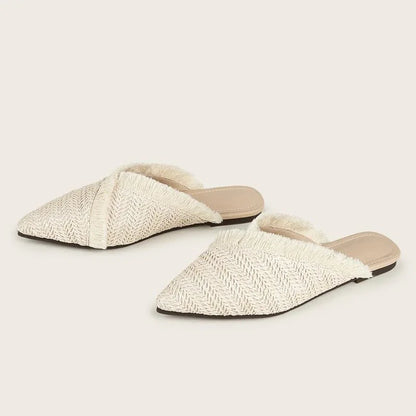Lisa Textured Raffia Pointed Toe Flat Mules featuring Fringe Edge Trim and Slip On Fit