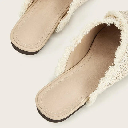 Lisa Textured Raffia Pointed Toe Flat Mules featuring Fringe Edge Trim and Slip On Fit