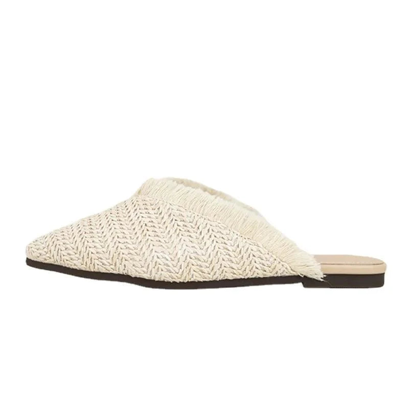 Lisa Textured Raffia Pointed Toe Flat Mules featuring Fringe Edge Trim and Slip On Fit