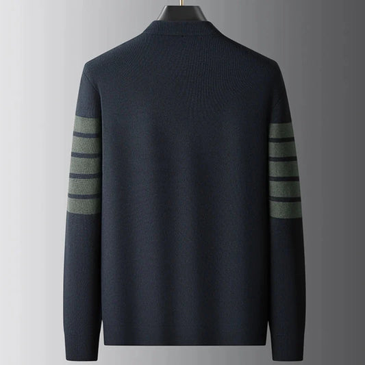 Luca Diamond Cable Knit Pullover with Contrast Stripe Band and Ribbed Crewneck Trim
