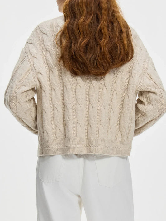 Lucille Oversized Cable Knit Cardigan with Round Neck Button Front and Ribbed Cuffs