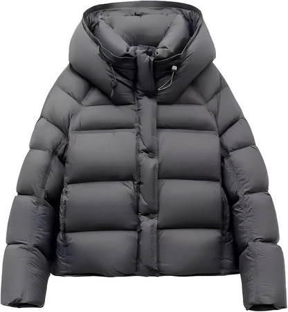 Madeline Cropped Down Puffer Jacket with Drawstring Hood and Button Placket
