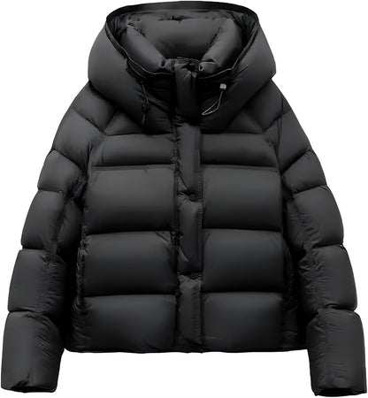 Madeline Cropped Down Puffer Jacket with Drawstring Hood and Button Placket
