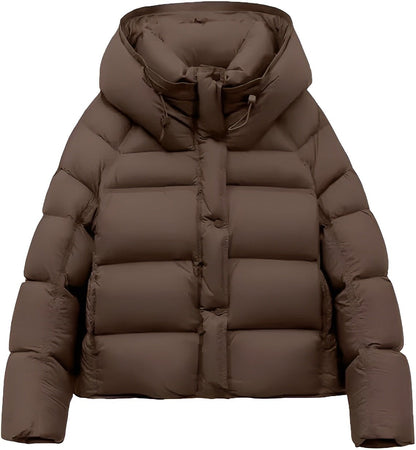 Madeline Cropped Down Puffer Jacket with Drawstring Hood and Button Placket
