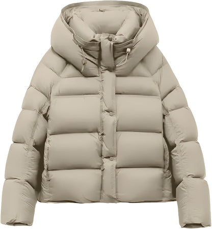 Madeline Cropped Down Puffer Jacket with Drawstring Hood and Button Placket
