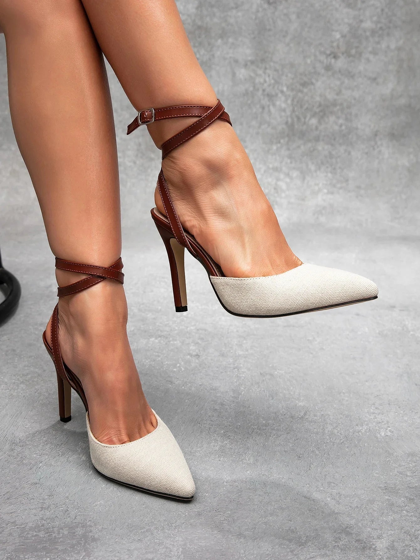 Madison Canvas Pointed Toe Stiletto Heels with Contrast Leather Ankle Wrap Strap