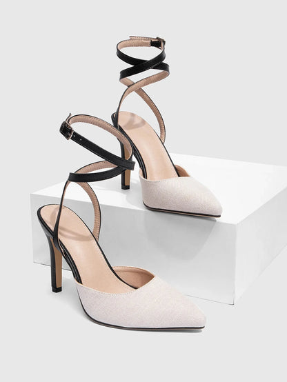 Madison Canvas Pointed Toe Stiletto Heels with Contrast Leather Ankle Wrap Strap