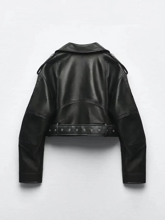 Madison Cropped Faux Leather Moto Jacket with Asymmetric Zip and Eyelet Belt