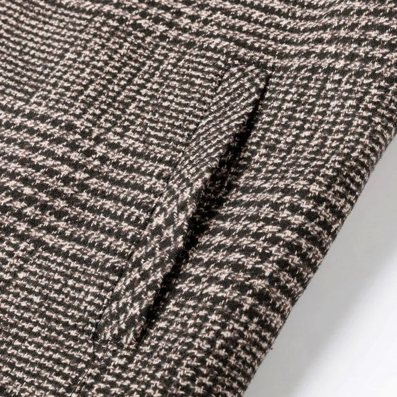 Mason Plaid Short Wool Blend Coat with Spread Collar and Dual Chest Flap Pockets