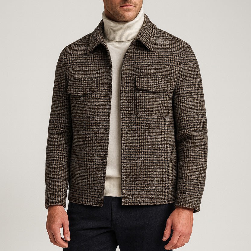 Mason Plaid Short Wool Blend Coat with Spread Collar and Dual Chest Flap Pockets