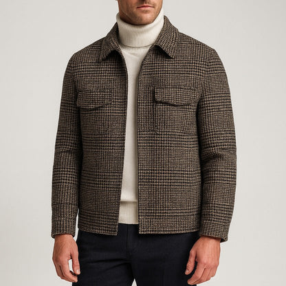 Mason Plaid Short Wool Blend Coat with Spread Collar and Dual Chest Flap Pockets