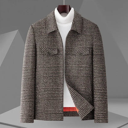 Mason Plaid Short Wool Blend Coat with Spread Collar and Dual Chest Flap Pockets