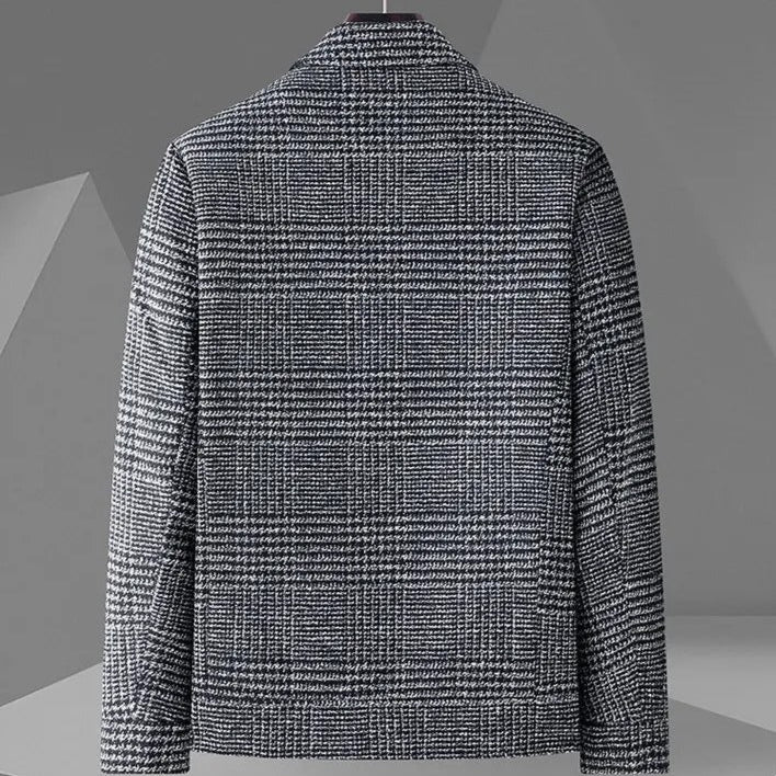 Mason Plaid Short Wool Blend Coat with Spread Collar and Dual Chest Flap Pockets