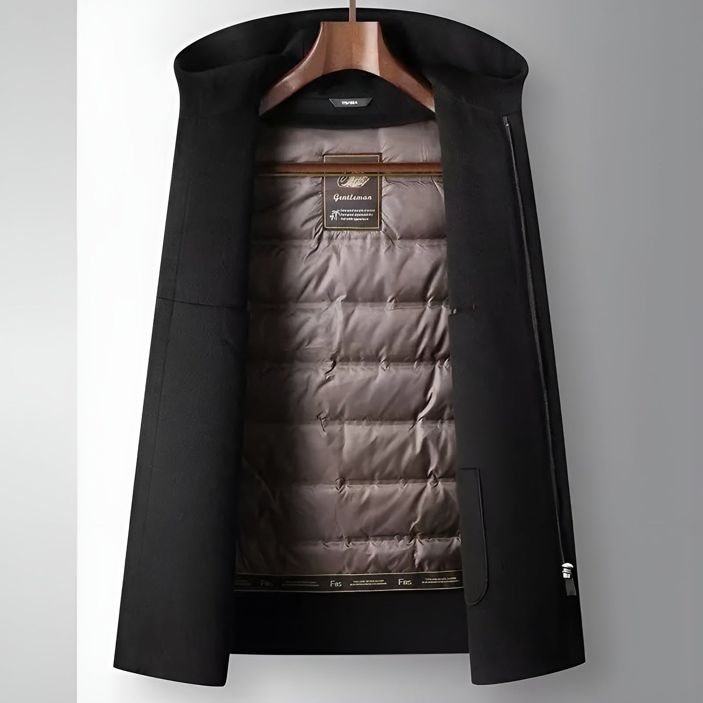 Merino Wool Hooded Coat with Longline Silhouette and Quilted Down Interior