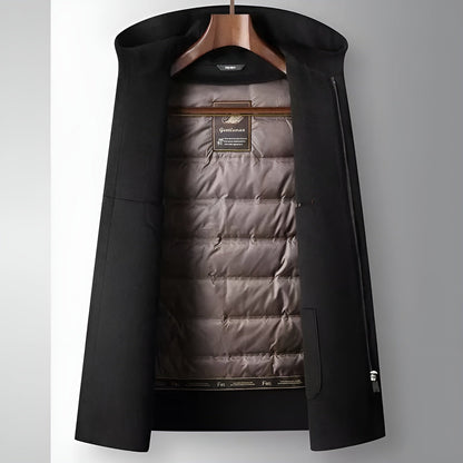 Merino Wool Hooded Coat with Longline Silhouette and Quilted Down Interior