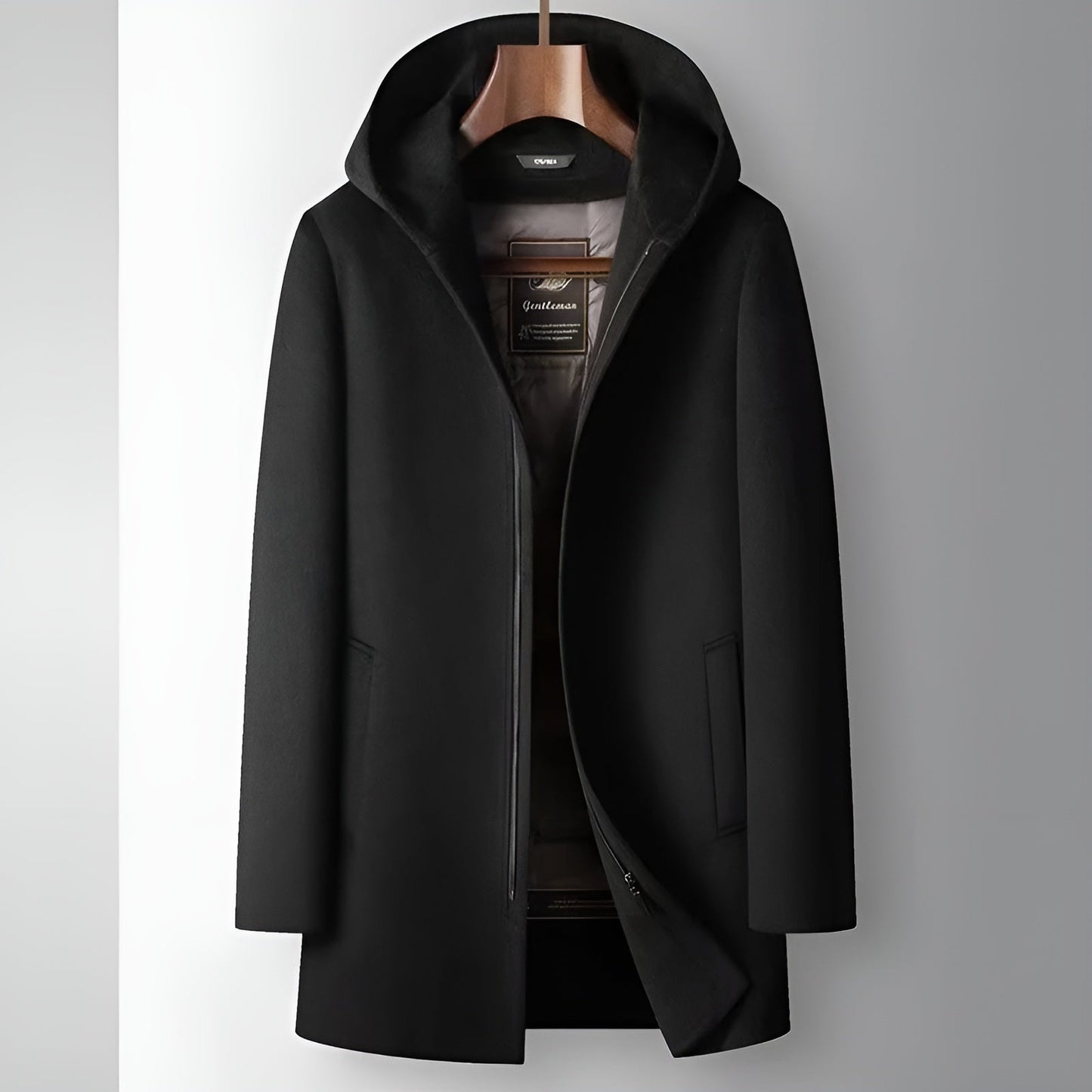Merino Wool Hooded Coat with Longline Silhouette and Quilted Down Interior