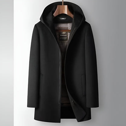Merino Wool Hooded Coat with Longline Silhouette and Quilted Down Interior