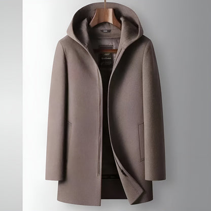 Merino Wool Hooded Coat with Longline Silhouette and Quilted Down Interior