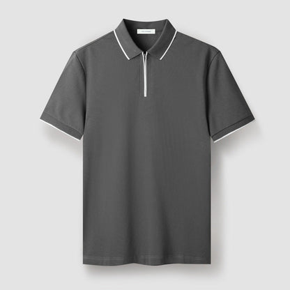 Meza Short Sleeve Pique Zip Up Polo Shirt with Tipped Collar and Contrast Cuff Trim
