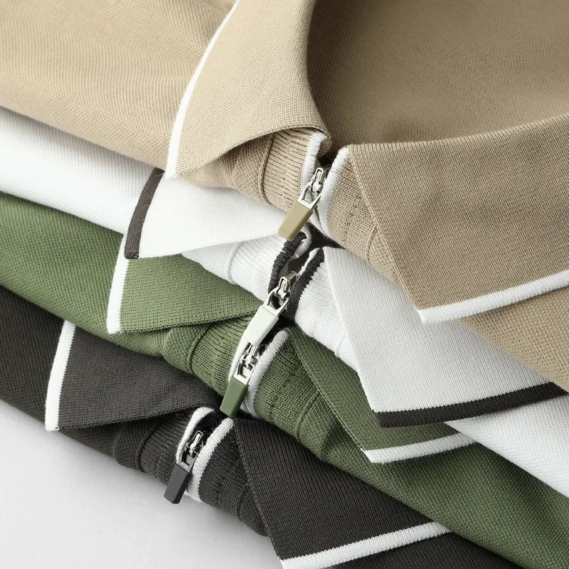 Meza Short Sleeve Pique Zip Up Polo Shirt with Tipped Collar and Contrast Cuff Trim