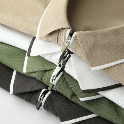 Meza Short Sleeve Pique Zip Up Polo Shirt with Tipped Collar and Contrast Cuff Trim