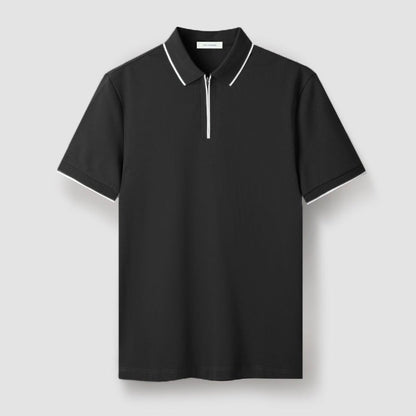 Meza Short Sleeve Pique Zip Up Polo Shirt with Tipped Collar and Contrast Cuff Trim