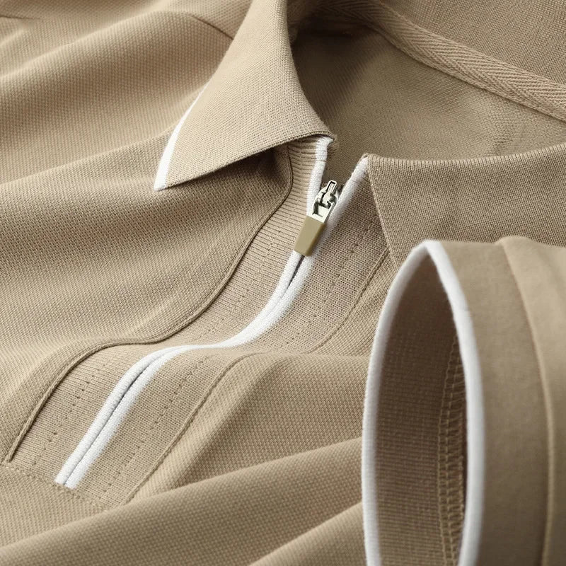 Meza Short Sleeve Pique Zip Up Polo Shirt with Tipped Collar and Contrast Cuff Trim