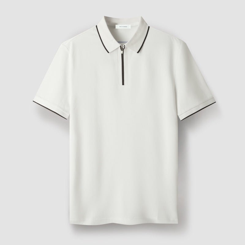 Meza Short Sleeve Pique Zip Up Polo Shirt with Tipped Collar and Contrast Cuff Trim