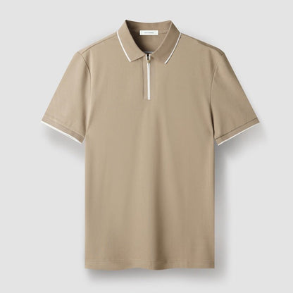 Meza Short Sleeve Pique Zip Up Polo Shirt with Tipped Collar and Contrast Cuff Trim