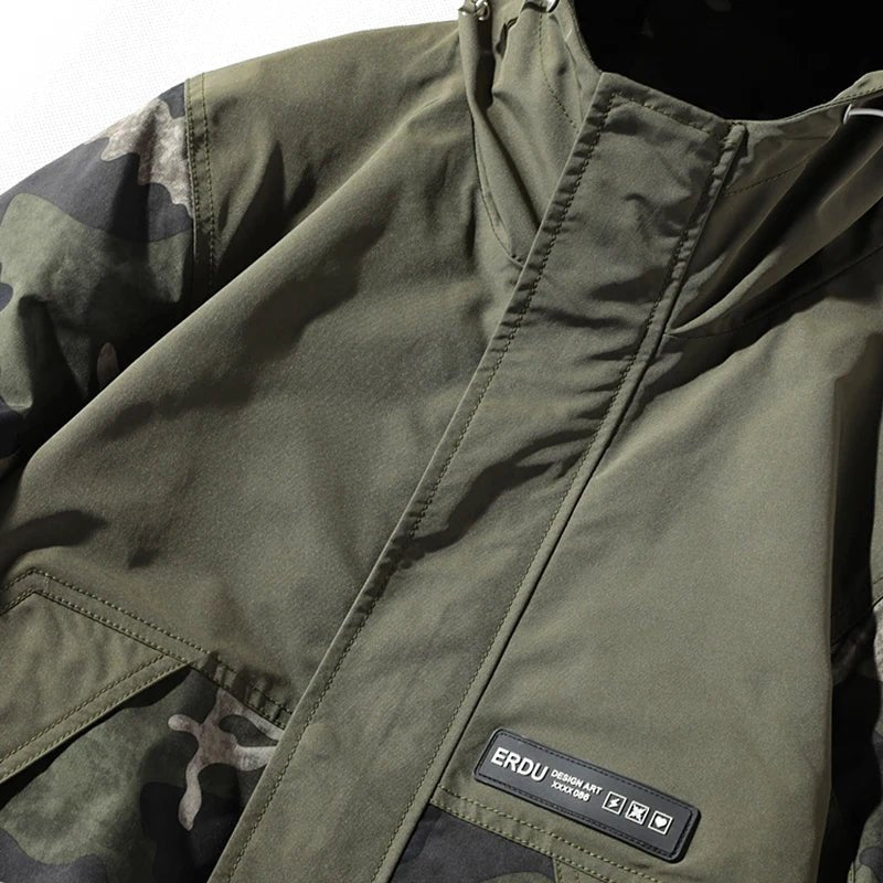 Midland Camo Patchwork Hooded Jacket with Contrast Sleeves and Cargo Pockets