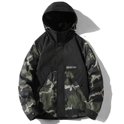 Midland Camo Patchwork Hooded Jacket with Contrast Sleeves and Cargo Pockets