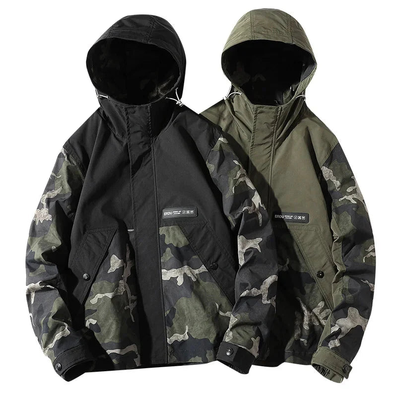 Midland Camo Patchwork Hooded Jacket with Contrast Sleeves and Cargo Pockets