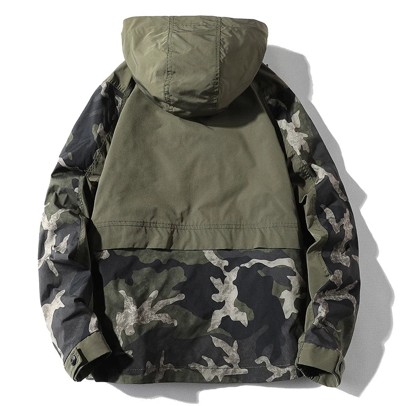 Midland Camo Patchwork Hooded Jacket with Contrast Sleeves and Cargo Pockets
