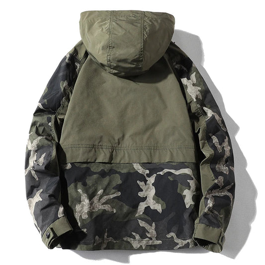 Midland Camo Patchwork Hooded Jacket with Contrast Sleeves and Cargo Pockets