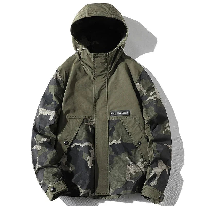 Midland Camo Patchwork Hooded Jacket with Contrast Sleeves and Cargo Pockets