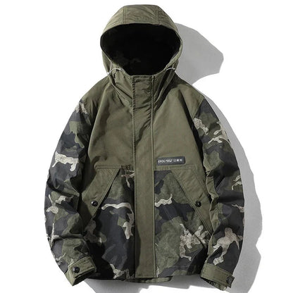 Midland Camo Patchwork Hooded Jacket with Contrast Sleeves and Cargo Pockets
