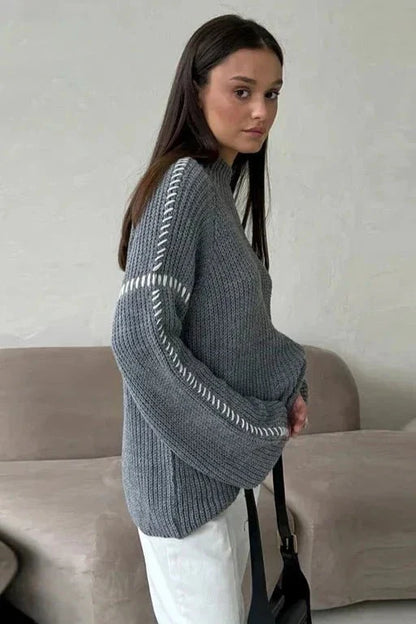 Mock Neck Chunky Knit Jumper with Contrast Whipstitch Detail and Raglan Sleeves