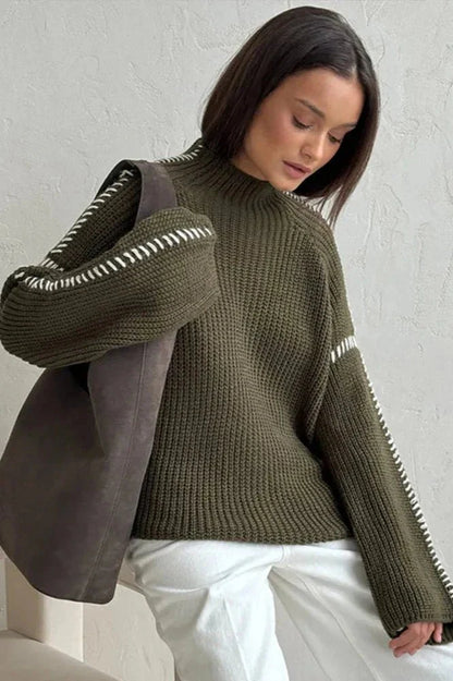Mock Neck Chunky Knit Jumper with Contrast Whipstitch Detail and Raglan Sleeves