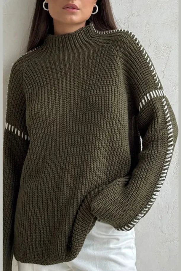 Mock Neck Chunky Knit Jumper with Contrast Whipstitch Detail and Raglan Sleeves