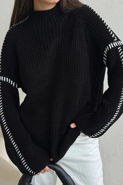 Mock Neck Chunky Knit Jumper with Contrast Whipstitch Detail and Raglan Sleeves